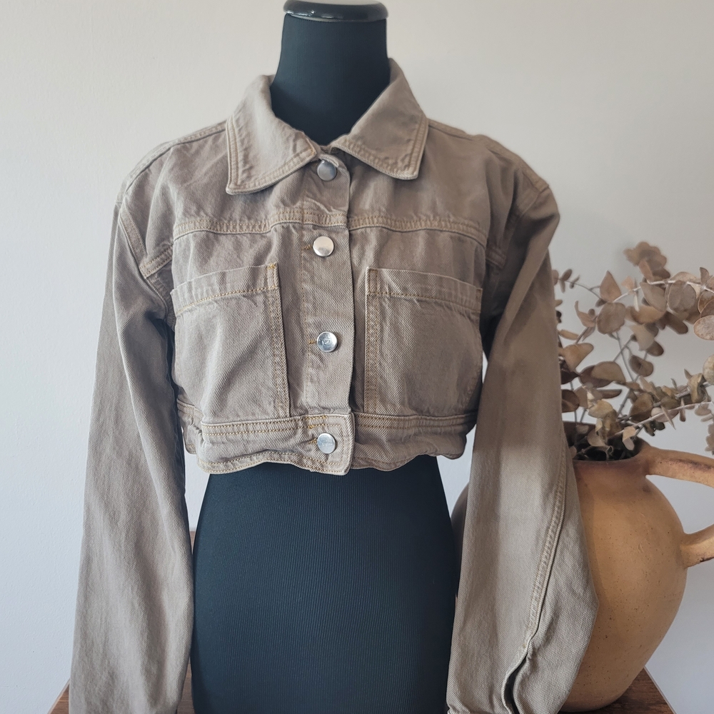 Pretty Little Thing Cropped Utility Denim Jacket Sz 0 Cotton Utility